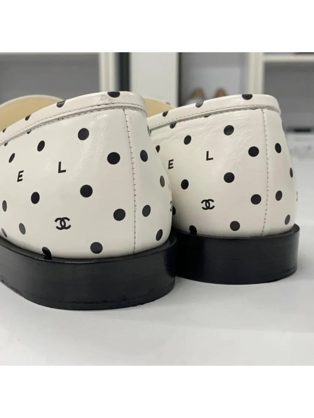Chanel CC Logo Leather Dot Loafers White Black